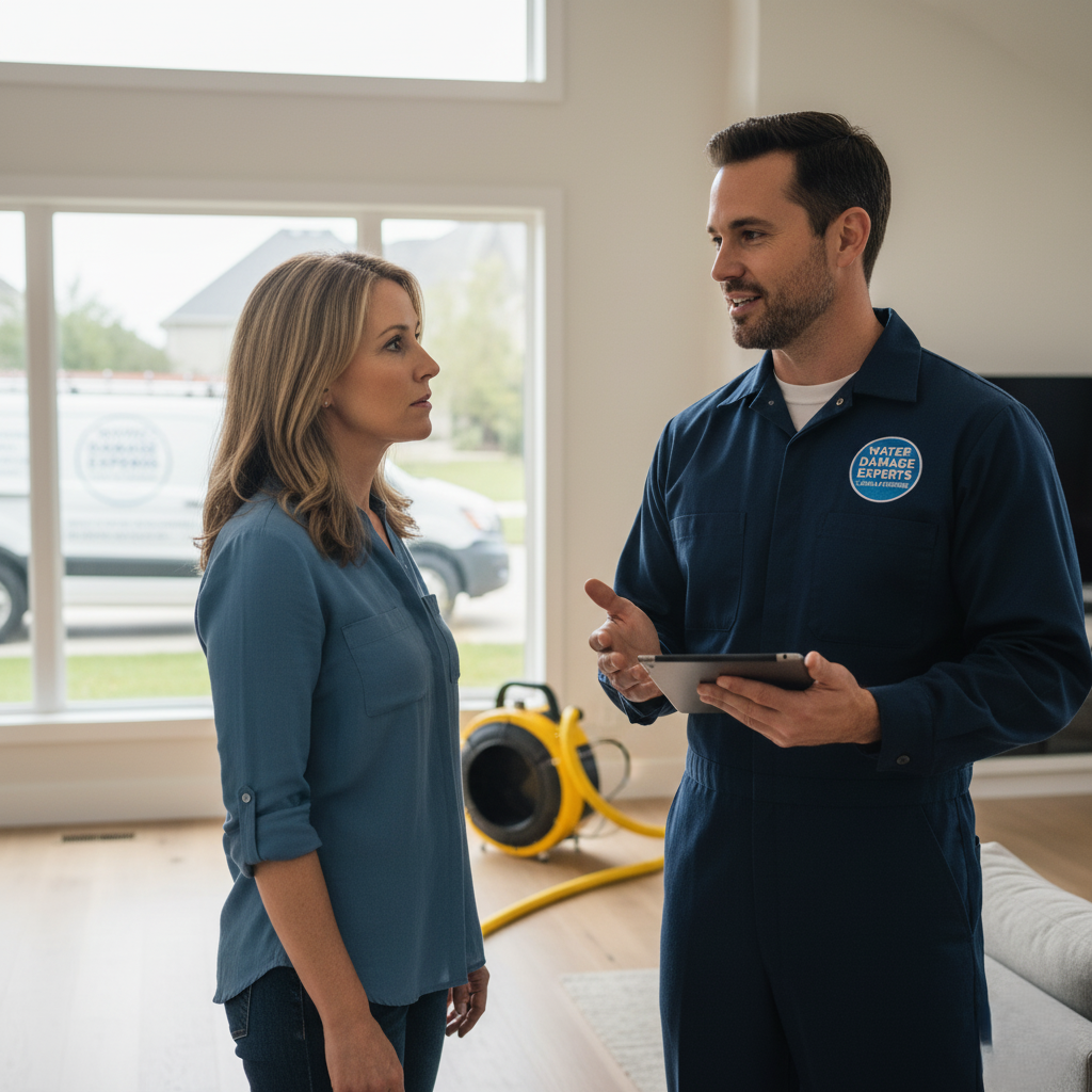 Professional water damage expert consulting with homeowner